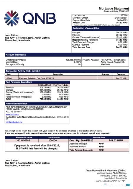 Mauritania Qatar National Bank Mauritanie (QNBM) mortgage statement Word and PDF template